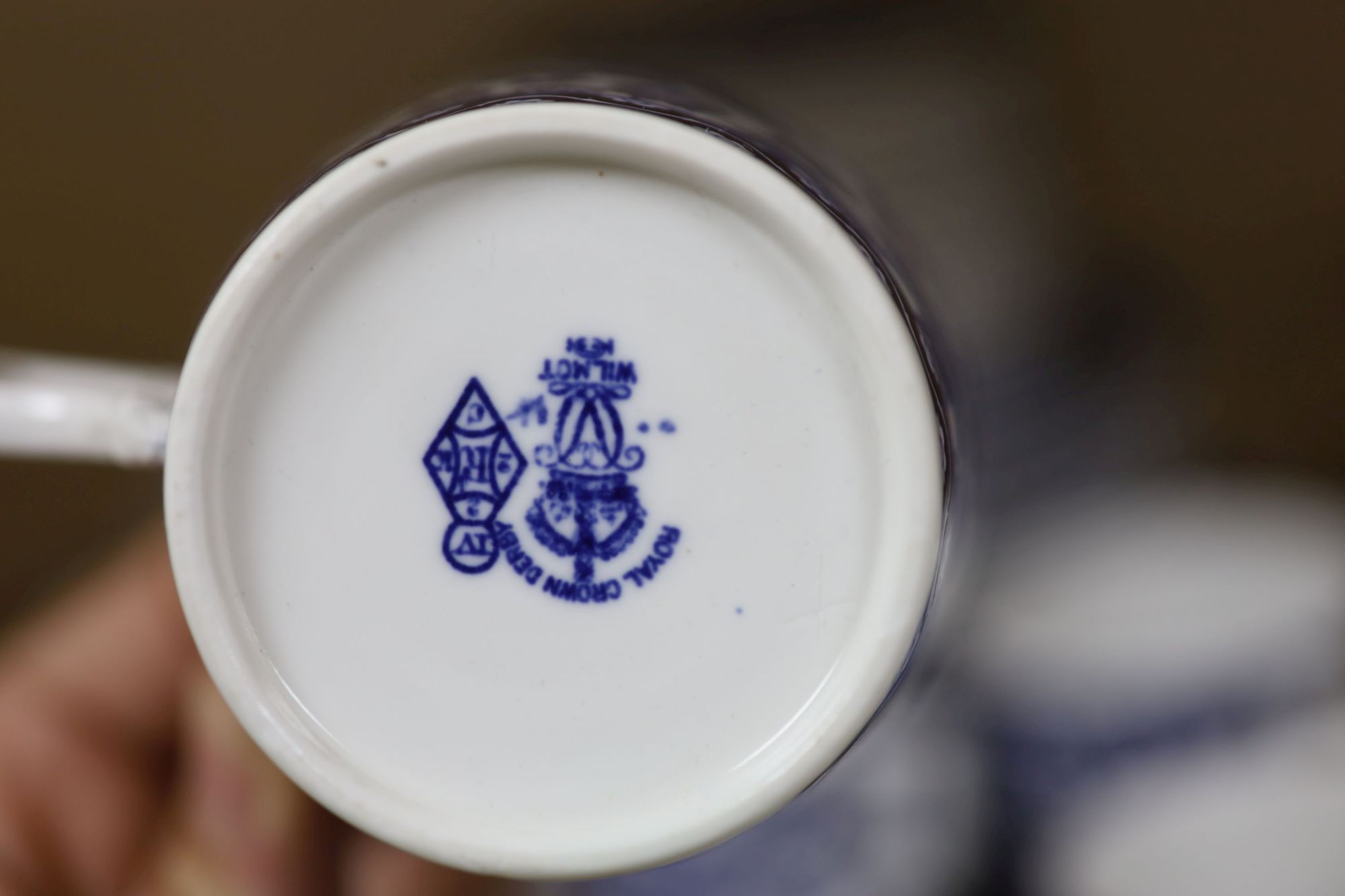 A group of Royal Crown Derby Wilmot blue and white coffee and tea wares